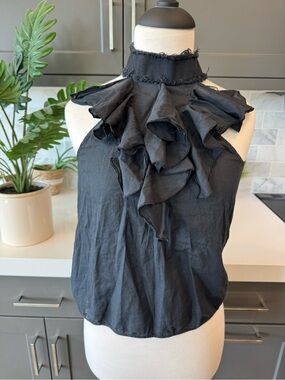 Hache Frayed High-Neck Black Ruffle Halter Top Backless Made in Italy